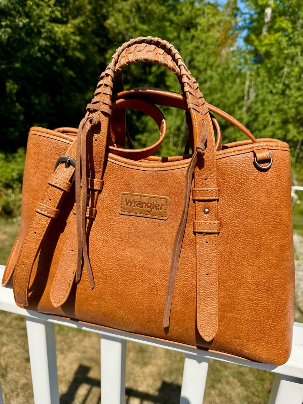 Wrangler Cognac Leather Satchel with Braided Handles